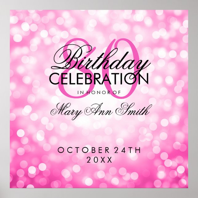 Elegant 80th Birthday Party Pink Lights Copper Poster (Front)