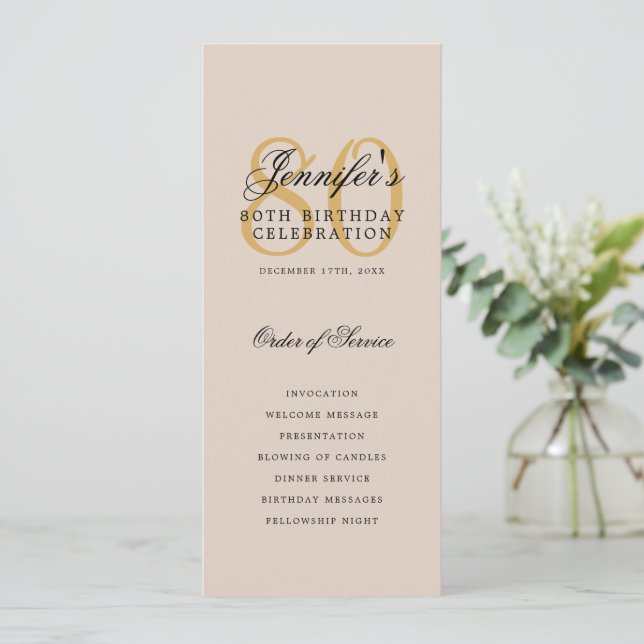 Elegant 80th Birthday Party Program Gold Champagne (Standing Front)