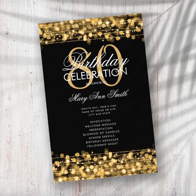 Elegant 80th Birthday Party Program Gold w/ Menu (Creator Uploaded)