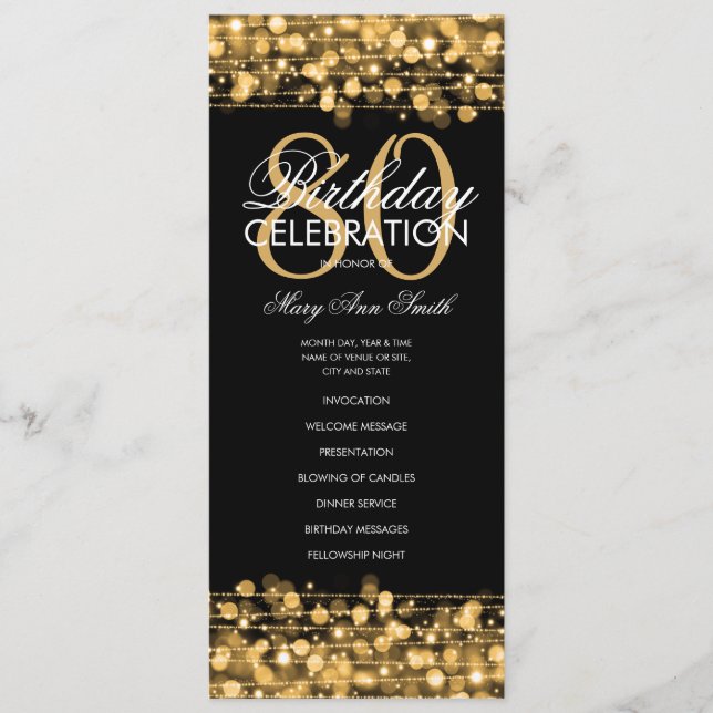 Elegant 80th Birthday Party Program Gold w/ Menu (Front)