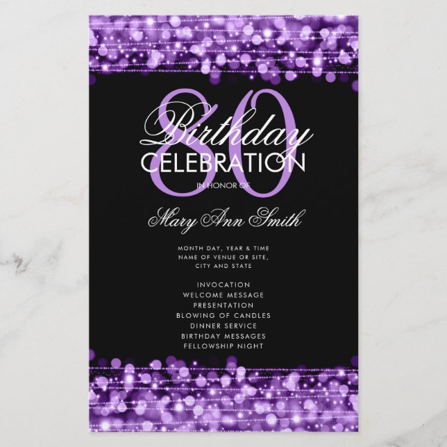 Elegant 80th Birthday Party Program Purple Menu (Front)
