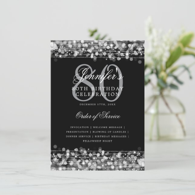 Elegant 80th Birthday Party Program Silver Menu (Standing Front)