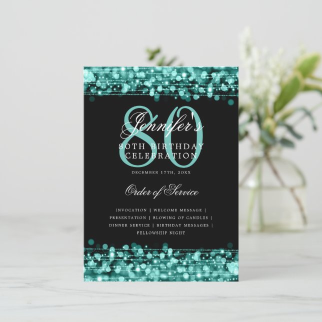 Elegant 80th Birthday Party Program Turquoise Menu (Standing Front)
