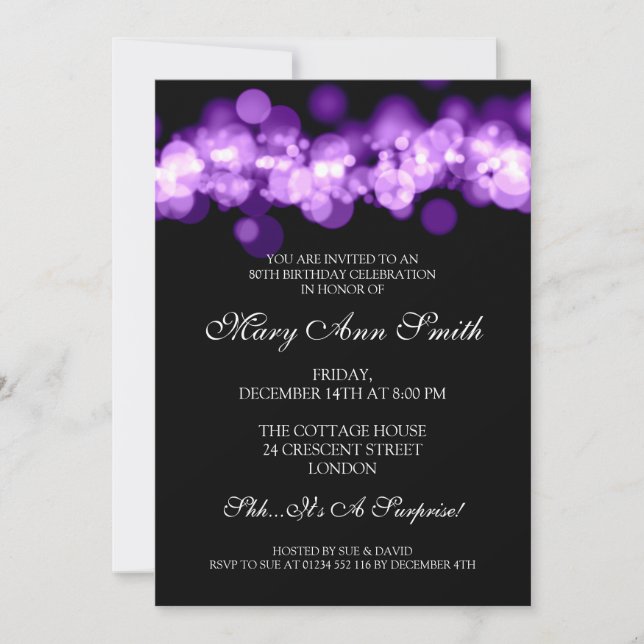 Elegant 80th Birthday Party Purple Bokeh Lights Invitation (Front)