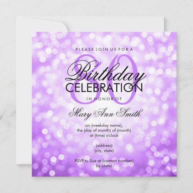 Elegant 80th Birthday Party Purple Glitter Lights Invitation (Front)