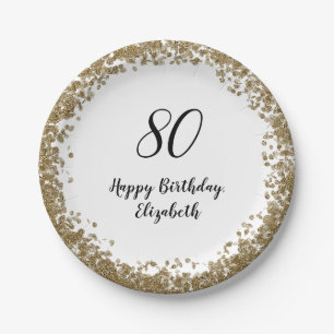 Elegant 80th Birthday Plates With Gold Sequins
