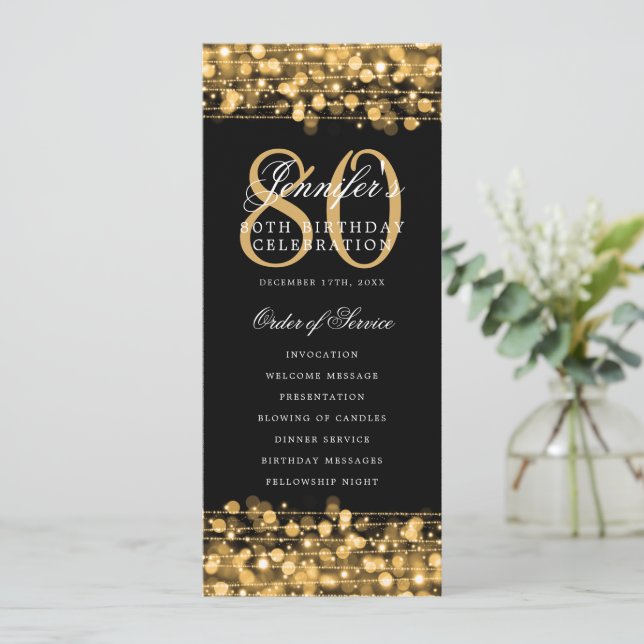 Elegant 80th Birthday Program Gold Menu+Thank You (Standing Front)