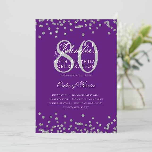 Elegant 80th Birthday Program Menu Silver Purple  (Standing Front)