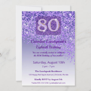 Elegant 80th Birthday Purple Glitter  Invitation