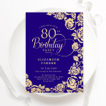 Elegant 80th Birthday Purple Gold Roses Invitation<br><div class="desc">Purple gold floral 80th birthday party invitation. Elegant design featuring roses,  faux gold foil and typography script font. Trendy invite card perfect for a stylish female bday celebration. Can be customized to any age. Personalize with your own details. Printed Zazzle invitations or instant download digital printable template.</div>