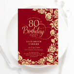 Elegant 80th Birthday Red Gold Roses Invitation<br><div class="desc">Red gold floral 80th birthday party invitation. Elegant design featuring roses,  faux gold foil and typography script font. Trendy invite card perfect for a stylish female bday celebration. Can be customized to any age. Personalize with your own details. Printed Zazzle invitations or instant download digital printable template.</div>