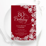 Elegant 80th Birthday Red Silver Roses Invitation<br><div class="desc">Red silver floral 80th birthday party invitation. Elegant design featuring roses,  faux silver foil and typography script font. Trendy invite card perfect for a stylish female bday celebration. Can be customized to any age. Personalize with your own details. Printed Zazzle invitations or instant download digital printable template.</div>