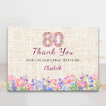 Elegant 80th Birthday Thanks for Her - Pink Floral Thank You Card<br><div class="desc">Elegant floral 80th birthday thank you design with a watercolor wildflower number,  soft linen look background,  and pink purple flowers. A beautiful thank you card for a ladies milestone birthday celebration,  perfect for sharing gratitude after a stylish eightieth birthday party. Enjoy!</div>