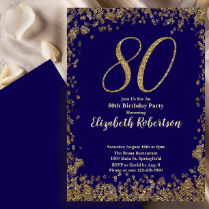 Elegant 80th Blue Birthday Invitation Gold Sequin