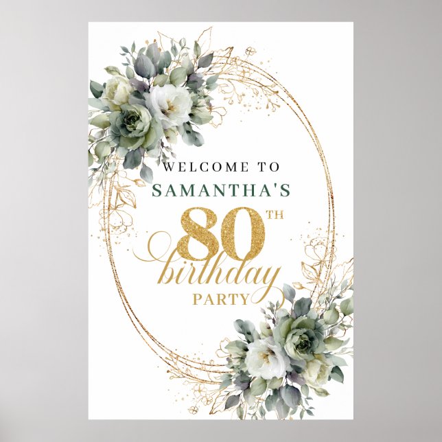 Elegant 80th Boho Greenery Gold Welcome Sign (Front)