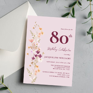 Elegant 80th Floral Wildflower Lavender Birthday Invitation