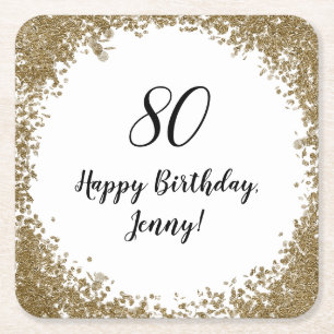 Elegant 80th Milestone Birthday Party Black Gold Square Paper Coaster