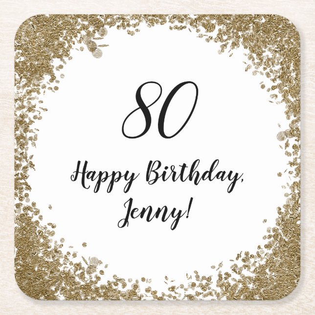 Elegant 80th Milestone Birthday Party Black Gold Square Paper Coaster (Front)