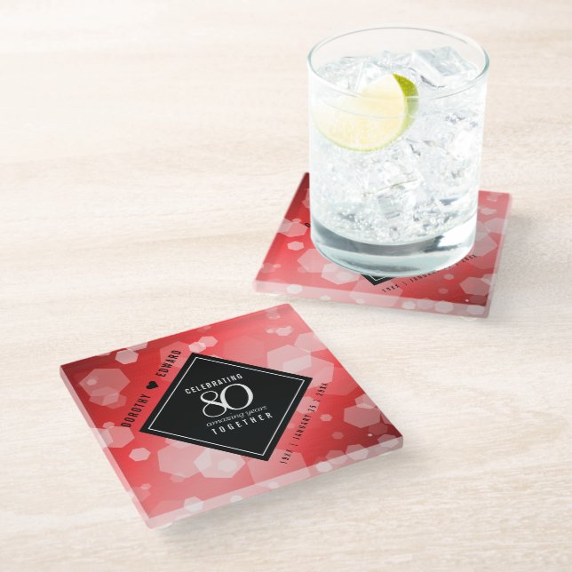 Elegant 80th Ruby Wedding Anniversary Celebration Glass Coaster (Angled)