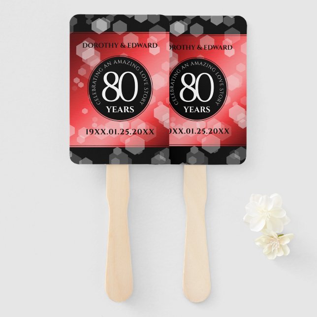 Elegant 80th Ruby Wedding Anniversary Celebration Hand Fan (Front and Back)