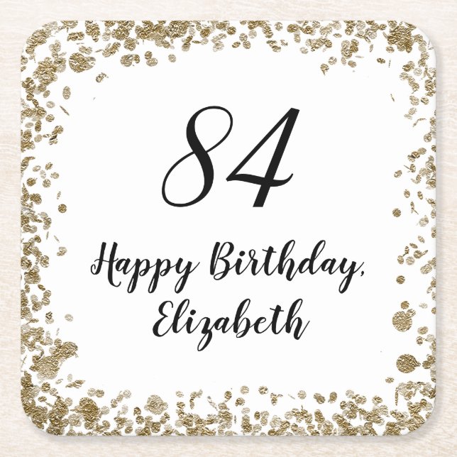 Elegant 84th Birthday Coasters With Gold Sequins (Front)