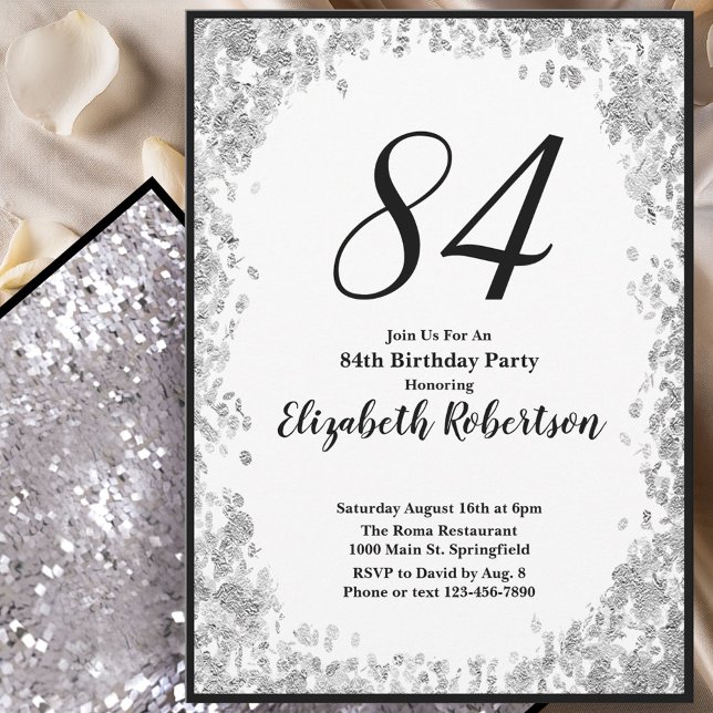 Elegant 84th Birthday Invitation For Her in Silver (Creator Uploaded)