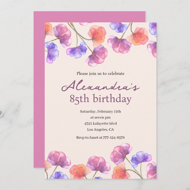 Elegant 85th birthday invitations Boho Floral Chic (Front/Back)