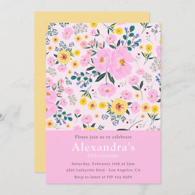 Elegant 85th birthday invitations Floral Chic (Front/Back)