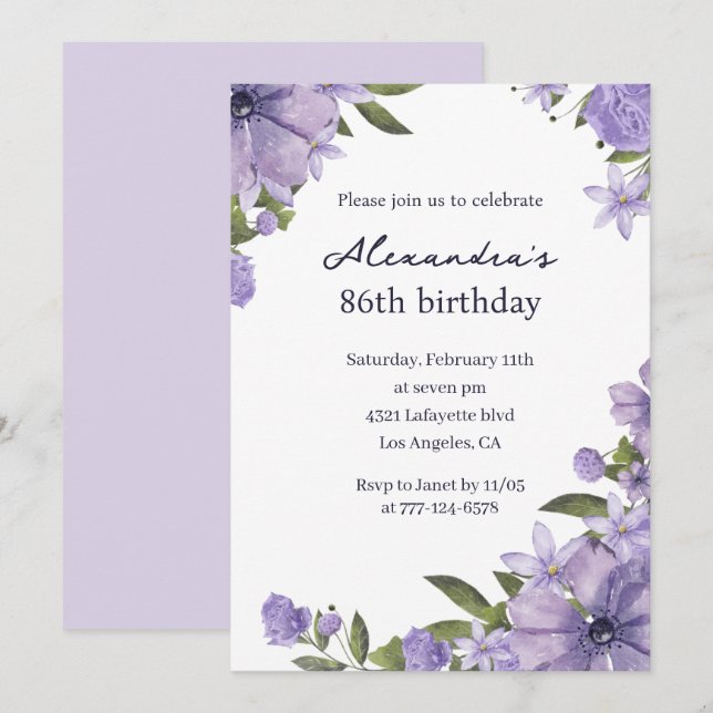 Elegant 86th birthday invitations Boho purple (Front/Back)