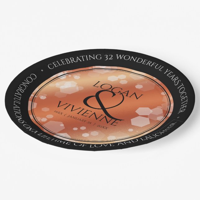 Elegant 8th 32nd Bronze Wedding Anniversary Paper Plate (Angled)