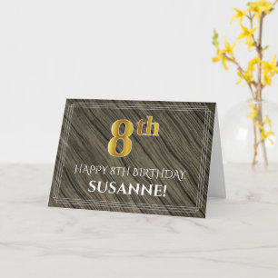 Elegant 8th Birthday: Faux Wood, Faux Gold Look Card