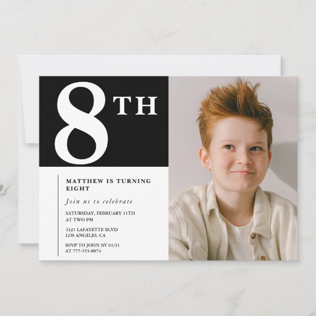 Elegant 8th birthday invitation Black Boy Photo (Front)