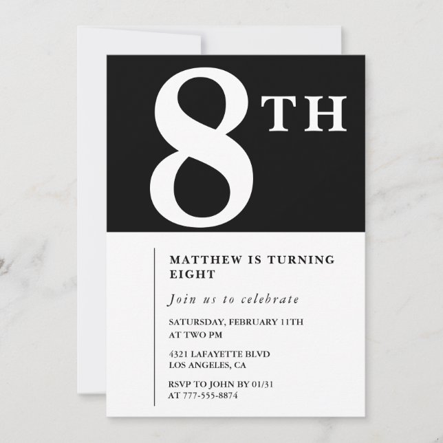Elegant 8th birthday invitation Black Chic Boy (Front)