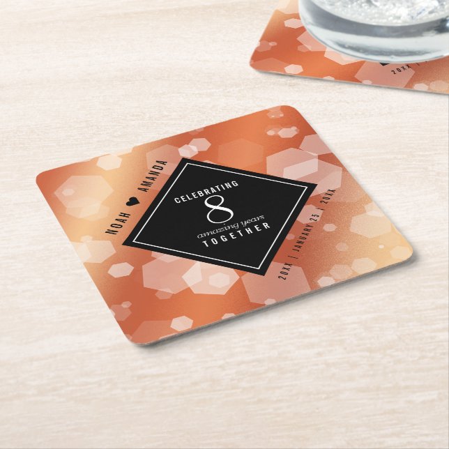 Elegant 8th Bronze Wedding Anniversary Celebration Square Paper Coaster (Angled)
