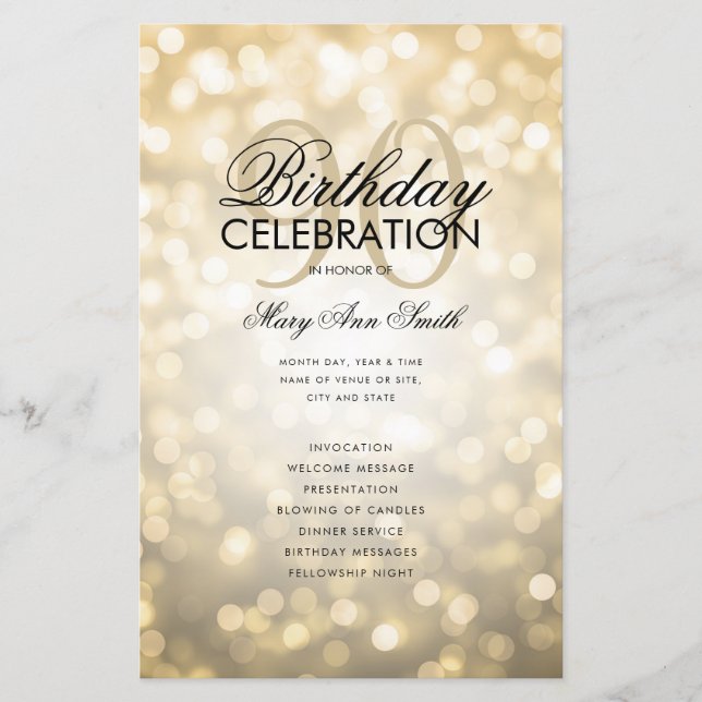 Elegant 90 Birthday Program Lights Gold Menu (Front)