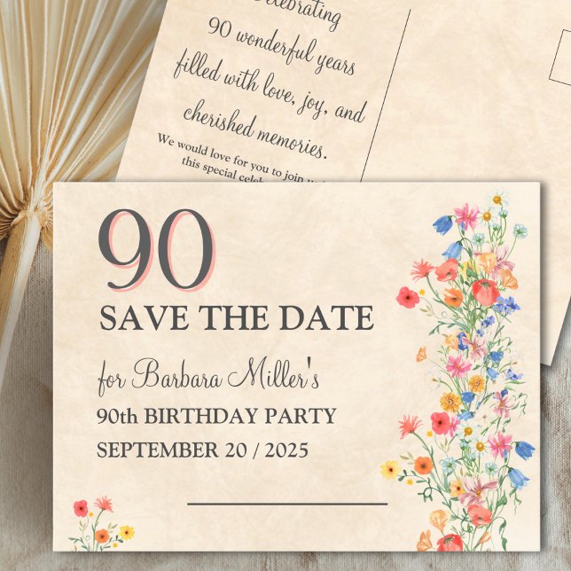 Elegant 90 Save The Date - Floral 90th Birthday Announcement Postcard (Creator Uploaded)