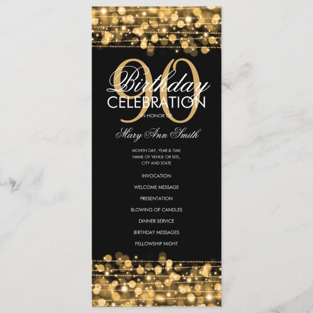 Élégant 90e anniversaire programme de fête Gold av (Devant)