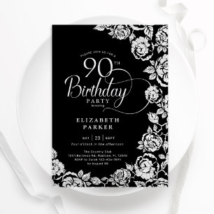 Elegant 90th Birthday Black Silver Roses Invitation