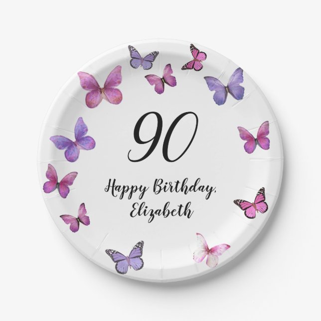 Elegant 90th Birthday Butterflies Custom Name Paper Plate (Front)
