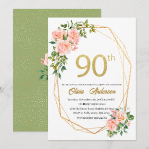 Elegant 90th Birthday Celebration Watercolor Glit Invitation