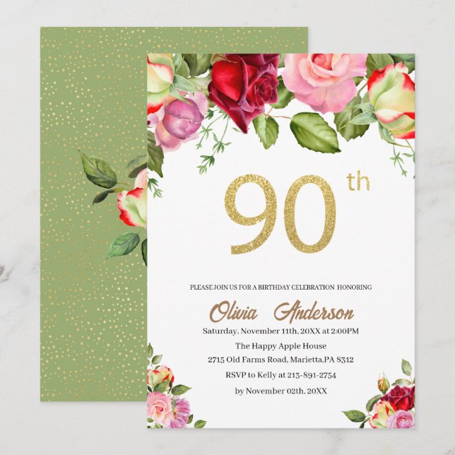 Elegant 90th  Birthday Celebration Watercolor Glit Invitation (Front/Back)