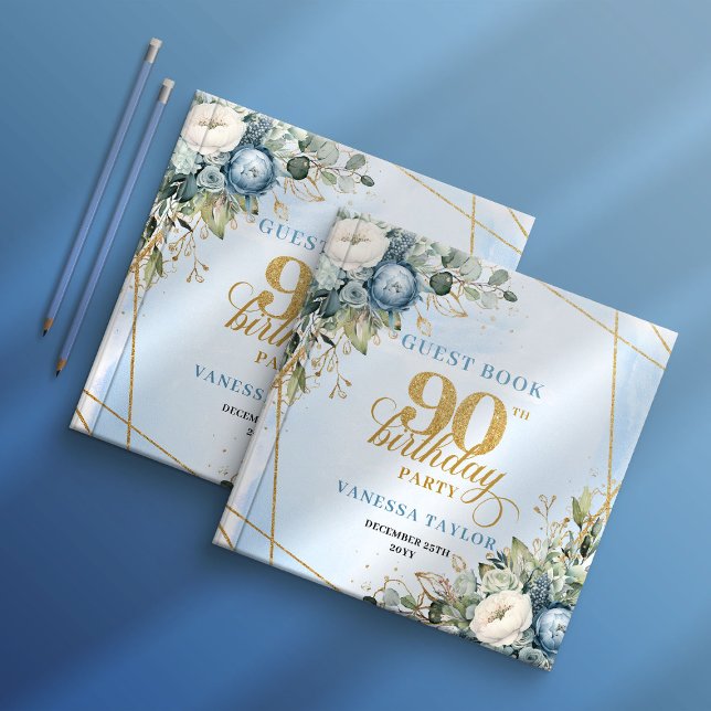Elegant 90th Birthday Dusty Blue Floral Frame Book (Timeless Dusty Blue Gold 90th Birthday Guest Book)