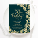 Elegant 90th Birthday Emerald Green Gold Roses Invitation<br><div class="desc">Emerald green gold floral 90th birthday party invitation. Elegant design featuring roses,  faux gold foil and typography script font. Trendy invite card perfect for a stylish female bday celebration. Can be customized to any age. Personalize with your own details. Printed Zazzle invitations or instant download digital printable template.</div>