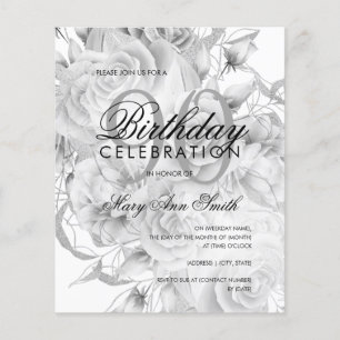 Elegant 90th Birthday Floral Silver White Invite Flyer
