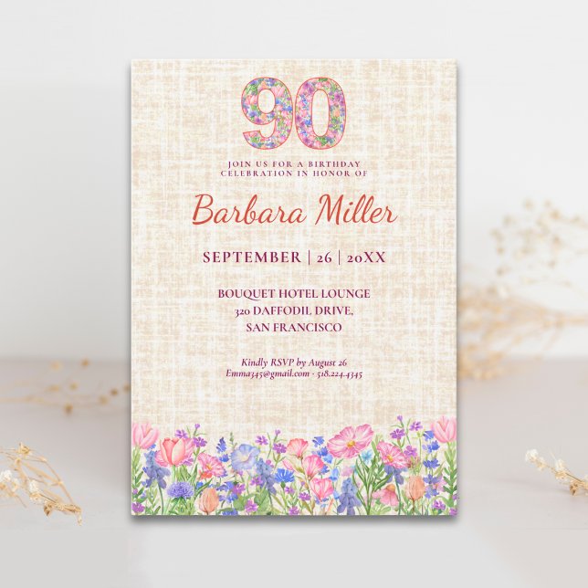 Elegant 90th Birthday for Her - Pink Flowers Invitation (Creator Uploaded)
