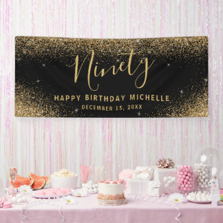 Elegant 90th Birthday Gold Glitter Sparkle Name Banner