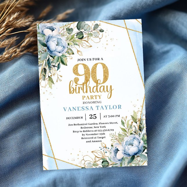 Elegant 90th Birthday Invitation Blue Floral Gold  (Elegant 90th Birthday Invitation Blue Floral Gold Frame

)