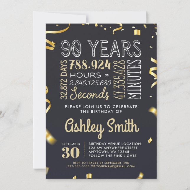 Elegant 90th Birthday Invitation Gold Glitter (Front)