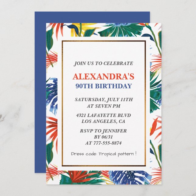 Elegant 90th birthday invitations Tropical Party  (Front/Back)