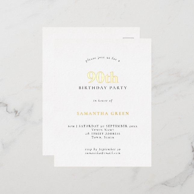 Elegant 90th Birthday Party Luxury Real   Foil Invitation Postcard (Front/Back)
